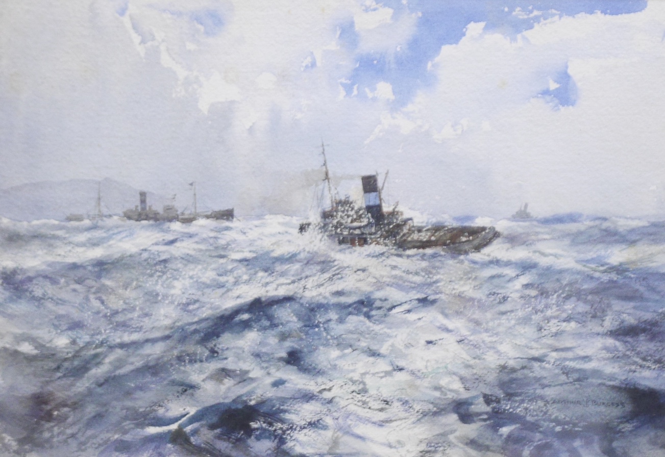 Arthur Burgess RI, ROI RSMA, Wapping Group of Artists (1879-1957), watercolour, 'To the Rescue', Langham Sketch Club, signed, exhibition label verso, 26 x 37cm. Condition - fair, some minor spots of discolouration